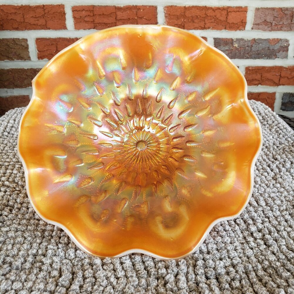 Antique Marigold Peach Opal Raindrop Carnival Glass Footed Bowl